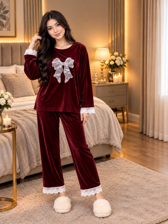 Ayollar uchun yumshoq vilyur pijama, krujevali tungi kiyim, kuz-qish uchun uy kostyumi - 