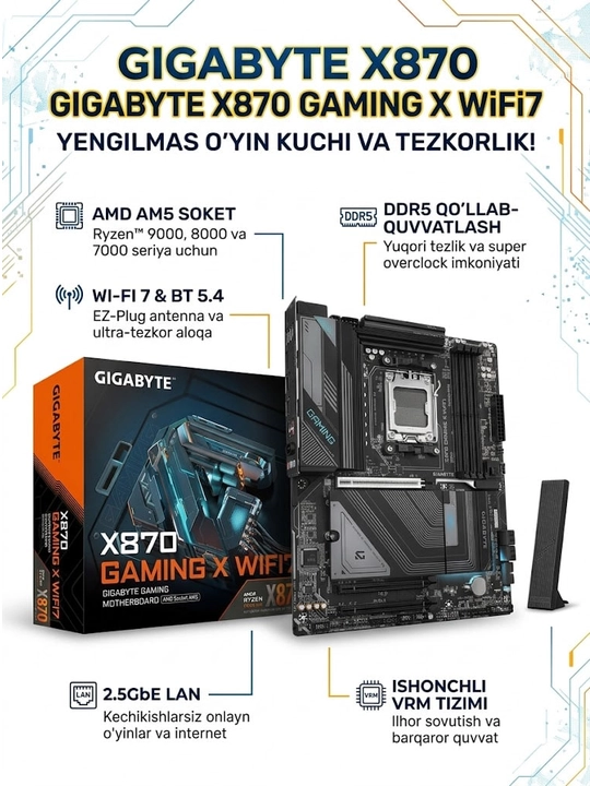 Ona plata GIGABYTE X870 GAMING X WIFI7, AM5, DDR5, PCIe 5.0, Wi-Fi 7, USB4, ATX igravoy - 