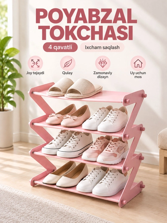 Poyabzal tokchasi, 4 qavatli ixcham oyoq kiyim javoni, koridor uchun - 
