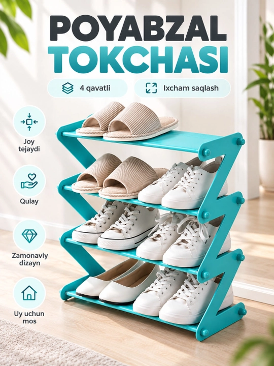 Poyabzal tokchasi, 4 qavatli ixcham oyoq kiyim javoni, koridor uchun - 