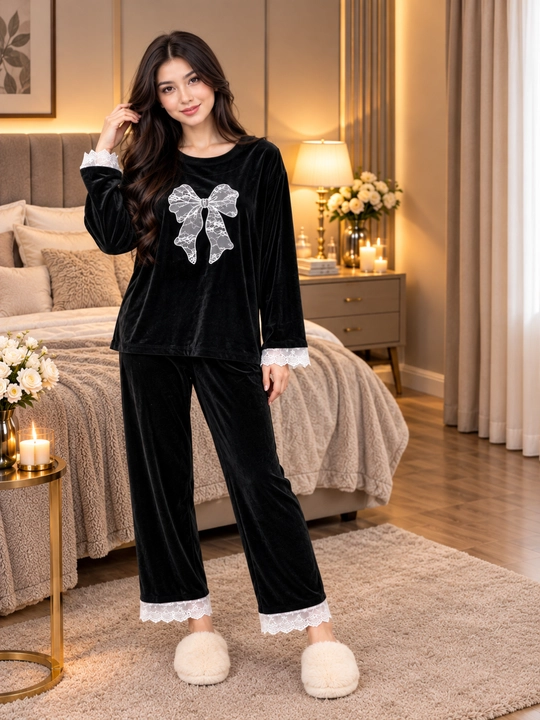 Ayollar uchun yumshoq vilyur pijama, krujevali tungi kiyim, kuz-qish uchun uy kostyumi - 