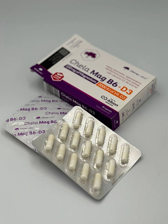 Olimp Labs Chela-Mag B6 + D3 — xelat shaklidagi magniy, B6 va D3 vitaminlari, 30 kapsula