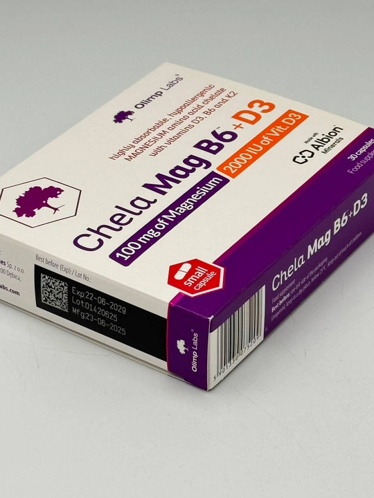 Olimp Labs Chela-Mag B6 + D3 — xelat shaklidagi magniy, B6 va D3 vitaminlari, 30 kapsula