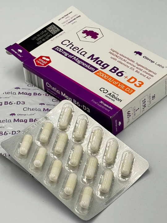 Olimp Labs Chela-Mag B6 + D3 — xelat shaklidagi magniy, B6 va D3 vitaminlari, 30 kapsula