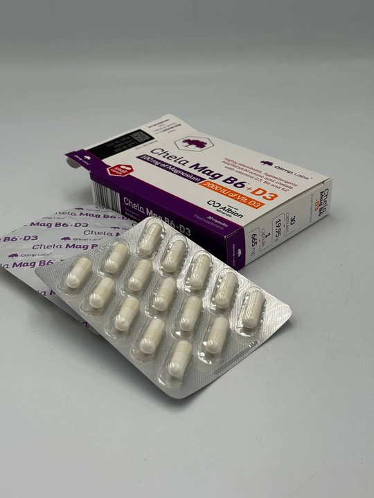 Olimp Labs Chela-Mag B6 + D3 — xelat shaklidagi magniy, B6 va D3 vitaminlari, 30 kapsula