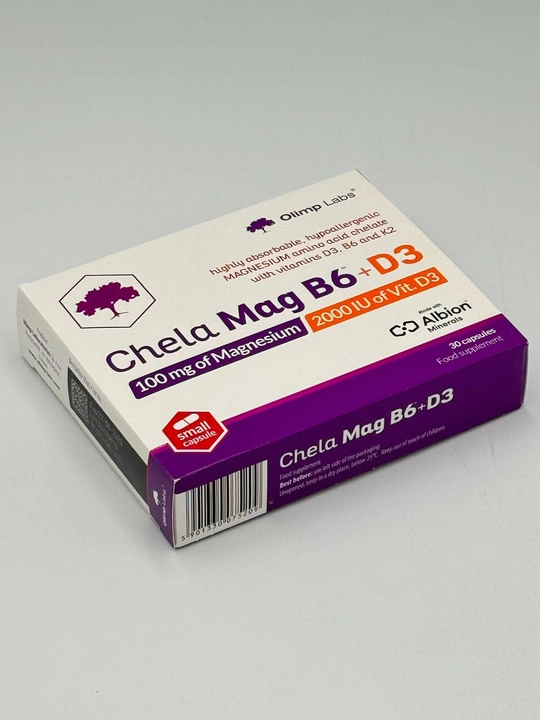 Olimp Labs Chela-Mag B6 + D3 — xelat shaklidagi magniy, B6 va D3 vitaminlari, 30 kapsula