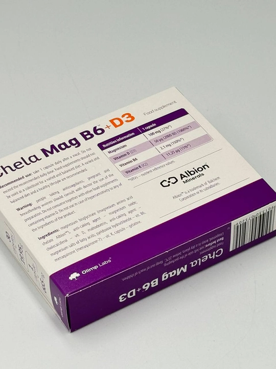 Olimp Labs Chela-Mag B6 + D3 — xelat shaklidagi magniy, B6 va D3 vitaminlari, 30 kapsula