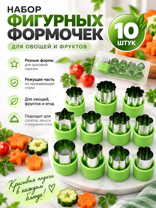 Sabzavot va mevalar uchun shaklli kesish qoliplari to‘plami, forma, qolip 6 va 10 dona - 