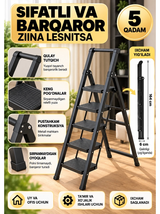 Temir narvon yig‘ma, uy va ofis uchun 5 pog‘onali zinapoya