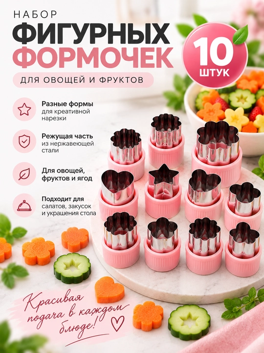 Sabzavot va mevalar uchun shaklli kesish qoliplari to‘plami, forma, qolip 6 va 10 dona - 