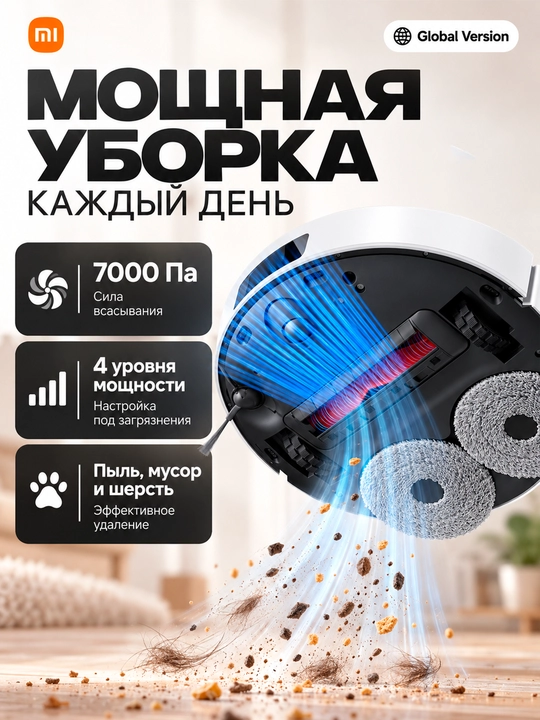 Robot changyutgich Xiaomi Robot Vacuum E5, quvvati 2000 Pa gacha, katta konteynerli
