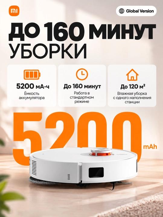 Robot changyutgich Xiaomi Robot Vacuum E5, quvvati 2000 Pa gacha, katta konteynerli