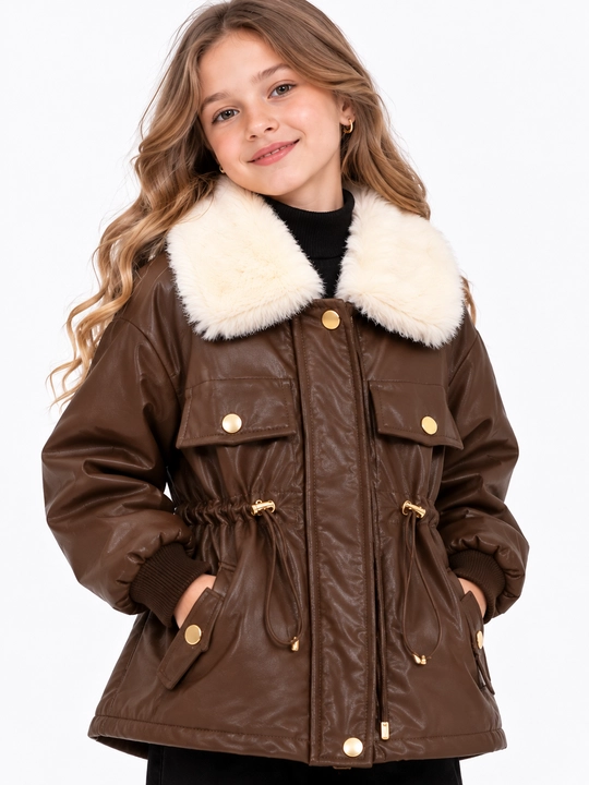 6–10 yosh qizlar uchun sun’iy charm, mo‘ynali yoqali issiq qishki kurtka, zamonaviy model
