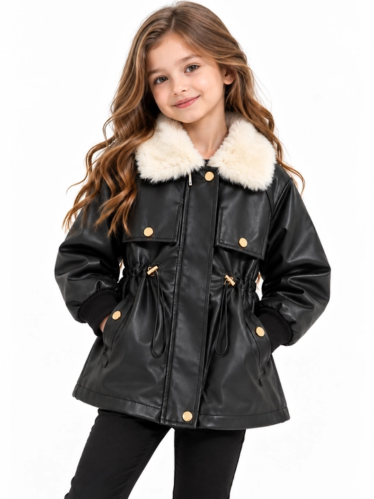 6–10 yosh qizlar uchun sun’iy charm, mo‘ynali yoqali issiq qishki kurtka, zamonaviy model