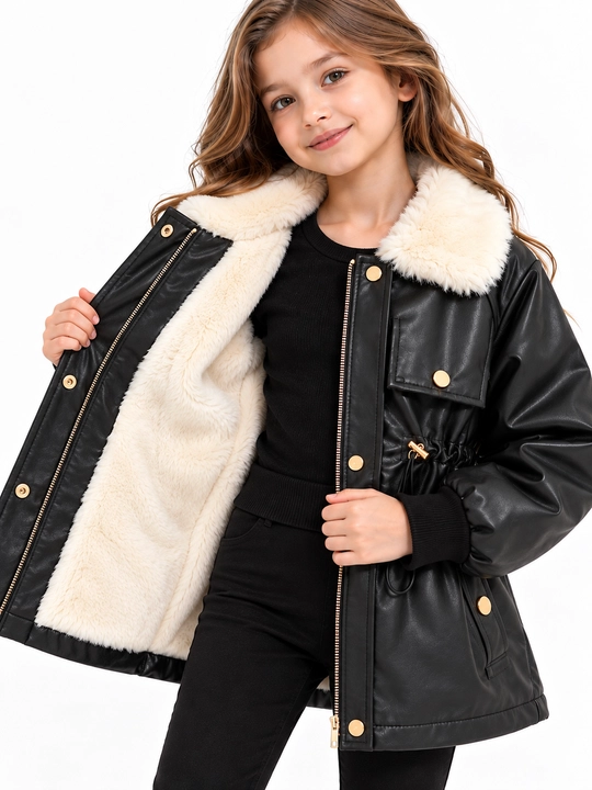 6–10 yosh qizlar uchun sun’iy charm, mo‘ynali yoqali issiq qishki kurtka, zamonaviy model