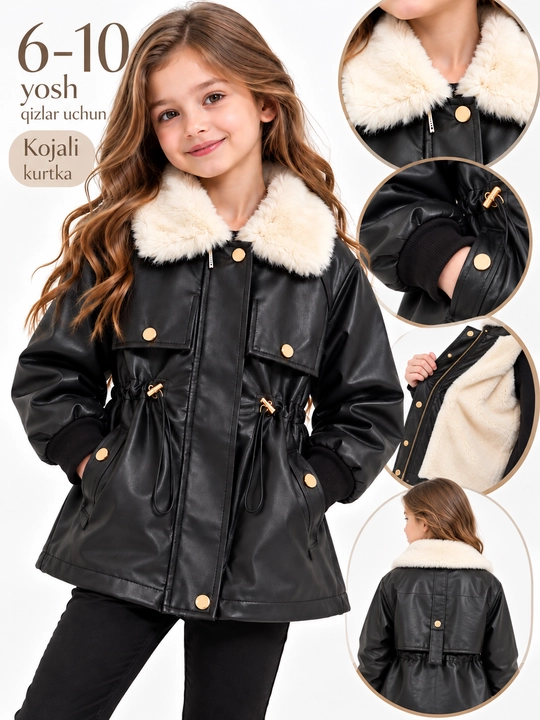 6–10 yosh qizlar uchun sun’iy charm, mo‘ynali yoqali issiq qishki kurtka, zamonaviy model - 