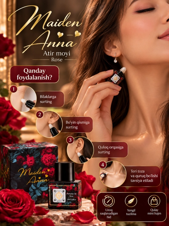 Maiden Anna ayollar uchun atir moyi 10 ml, magnoliya iforli surtiladigan atir