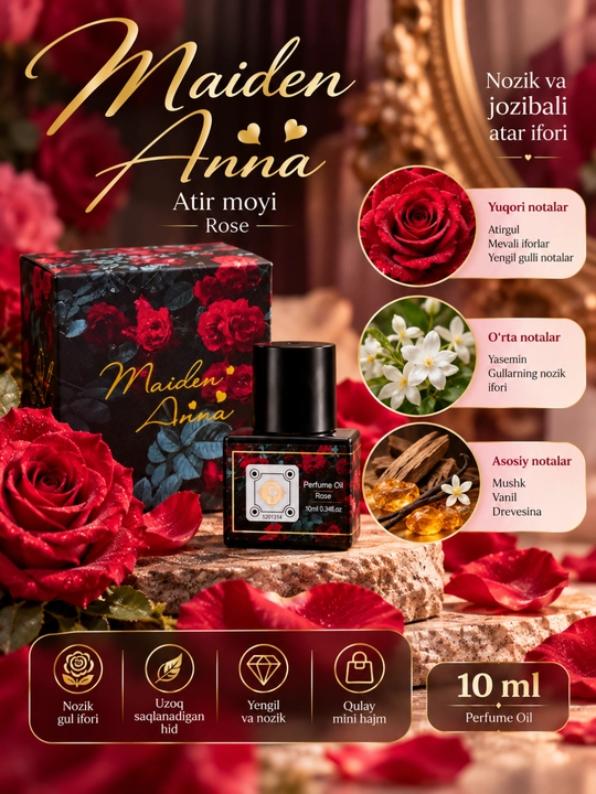 Maiden Anna ayollar uchun atir moyi 10 ml, magnoliya iforli surtiladigan atir