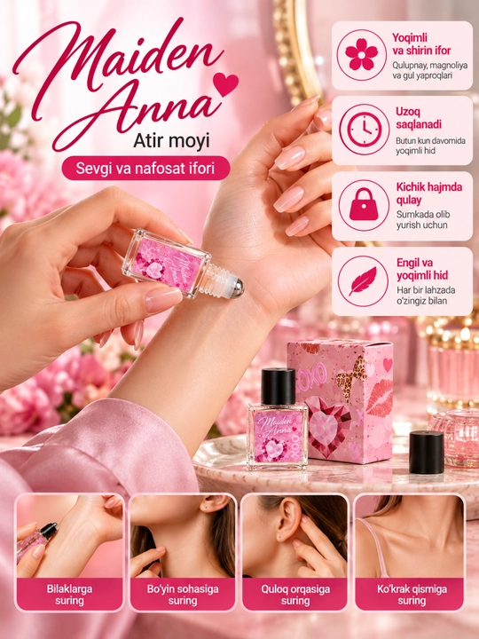 Maiden Anna ayollar uchun atir moyi 10 ml, magnoliya iforli surtiladigan atir