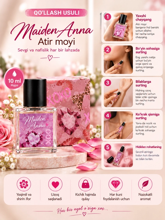 Maiden Anna ayollar uchun atir moyi 10 ml, magnoliya iforli surtiladigan atir
