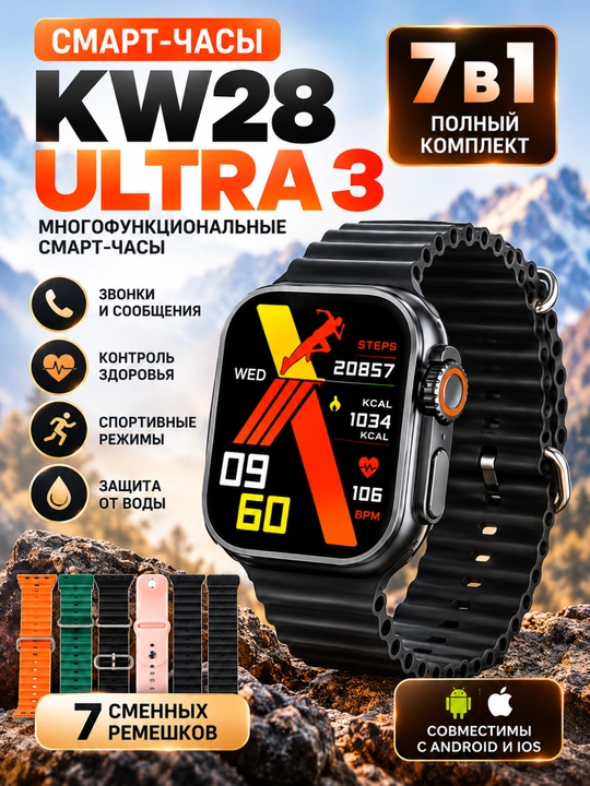 Умные часы KW28 ULTRA 3 с поддержкой звонков и уведомлений, 7 сменных ремешков