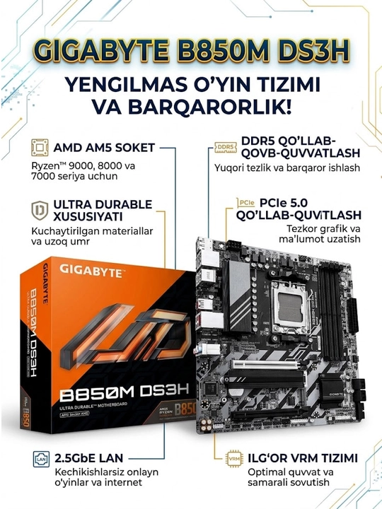 Материнская плата GIGABYTE B850M DS3H, AM5, 4xDDR5, PCIe 5.0, M.2 NVMe, 2.5GbE, mATX - 