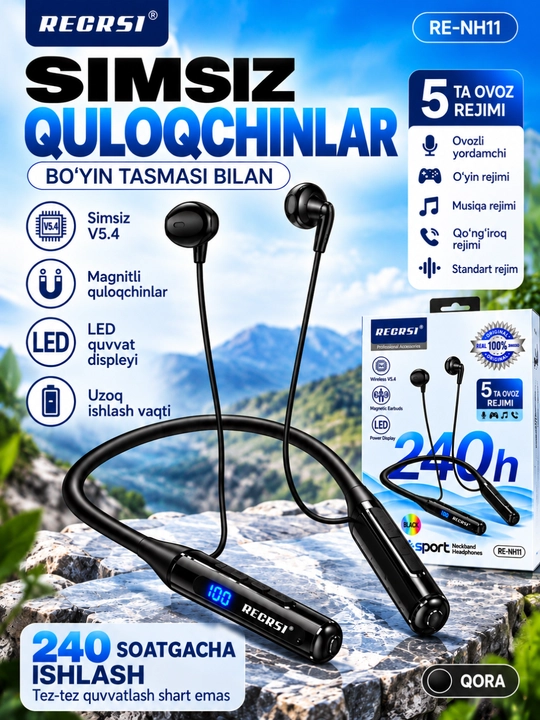 RECRSI RE-NH11 simsiz quloqchin, bo‘yin tasmasili, Bluetooth V5.4, mikrofonli, LED - 