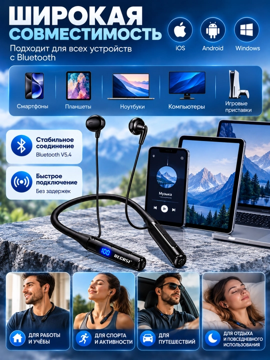 RECRSI RE-NH11 simsiz quloqchin, bo‘yin tasmasili, Bluetooth V5.4, mikrofonli, LED