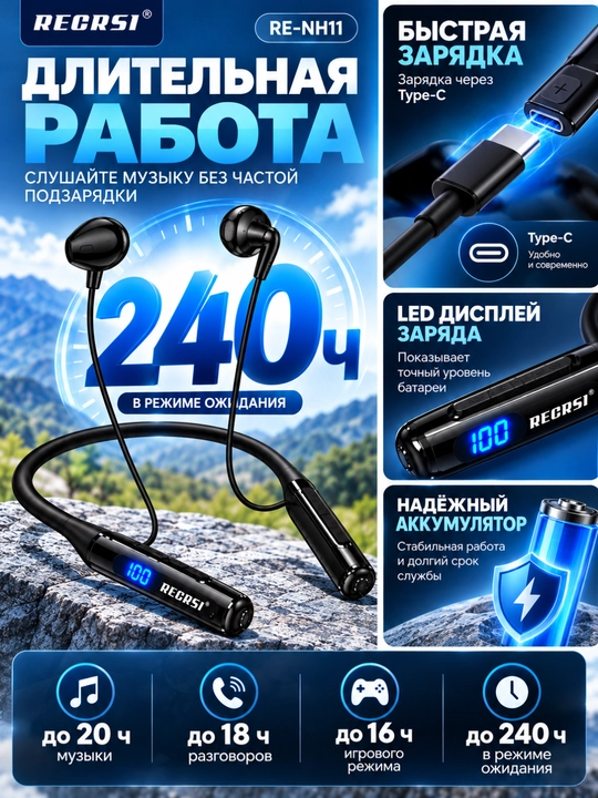 RECRSI RE-NH11 simsiz quloqchin, bo‘yin tasmasili, Bluetooth V5.4, mikrofonli, LED