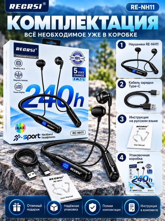 RECRSI RE-NH11 simsiz quloqchin, bo‘yin tasmasili, Bluetooth V5.4, mikrofonli, LED