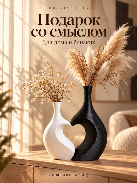 AMOUR by Phoenix Design — дуэт скульптурных ваз, чёрная и белая, 2 шт