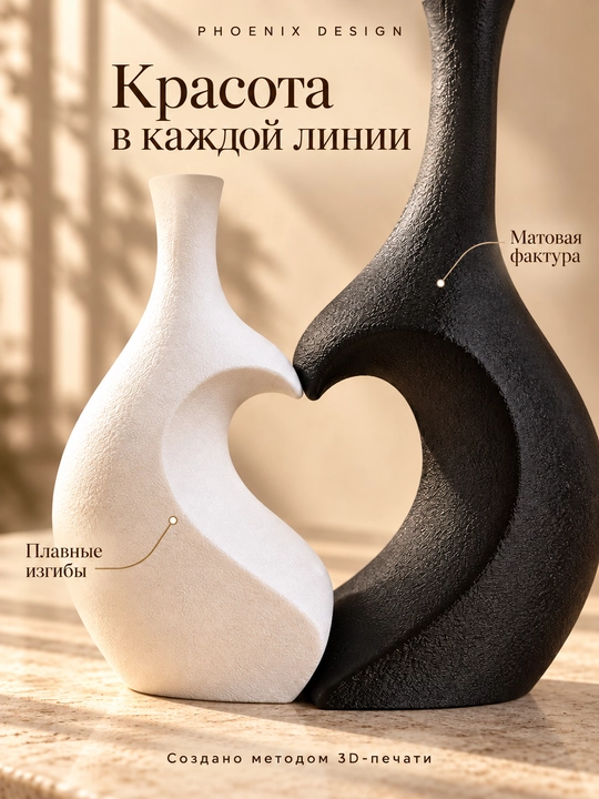 AMOUR by Phoenix Design — дуэт скульптурных ваз, чёрная и белая, 2 шт