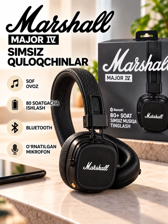 Marshall Major IV simsiz quloqchin, Bluetooth, mikrofonli, 80 soatgacha - 