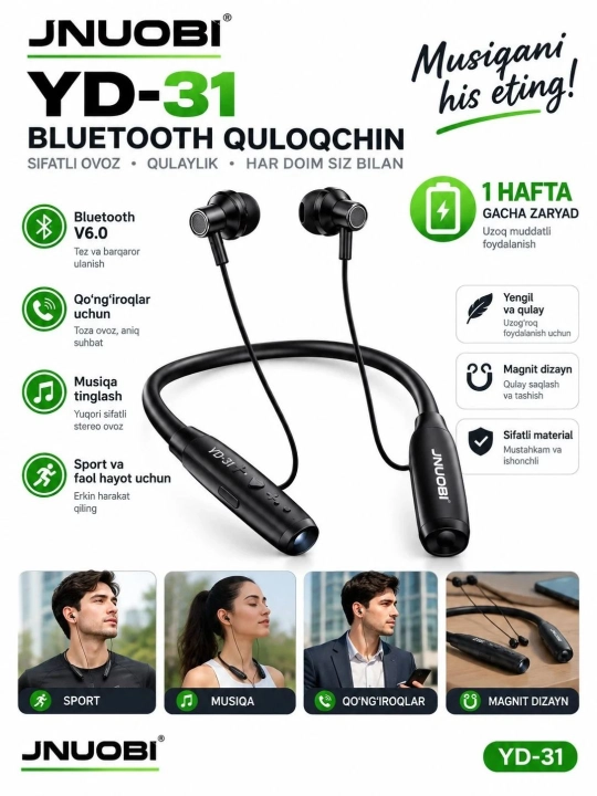JNUOBI YD-31 — bo‘yinga taqiladigan simsiz Bluetooth quloqchin