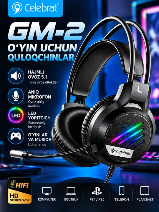 GM-2 o‘yin quloqchini, simli gaming naushnik, LED yoritgichli, mikrofonli, 5.1 hajmli ovoz - 