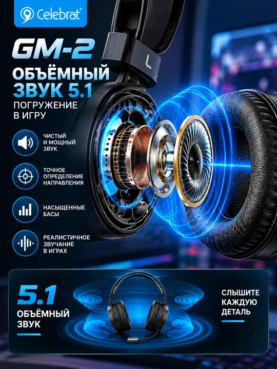 GM-2 o‘yin quloqchini, simli gaming naushnik, LED yoritgichli, mikrofonli, 5.1 hajmli ovoz
