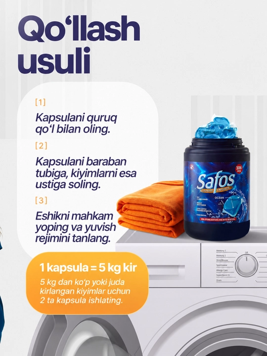 Kir yuvish kapsulalari Safos, Rangli, oq va bolalar kiyimlari uchun 25-106 dona