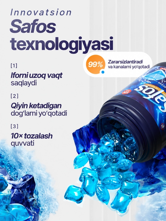Kir yuvish kapsulalari Safos, Rangli, oq va bolalar kiyimlari uchun 25-106 dona
