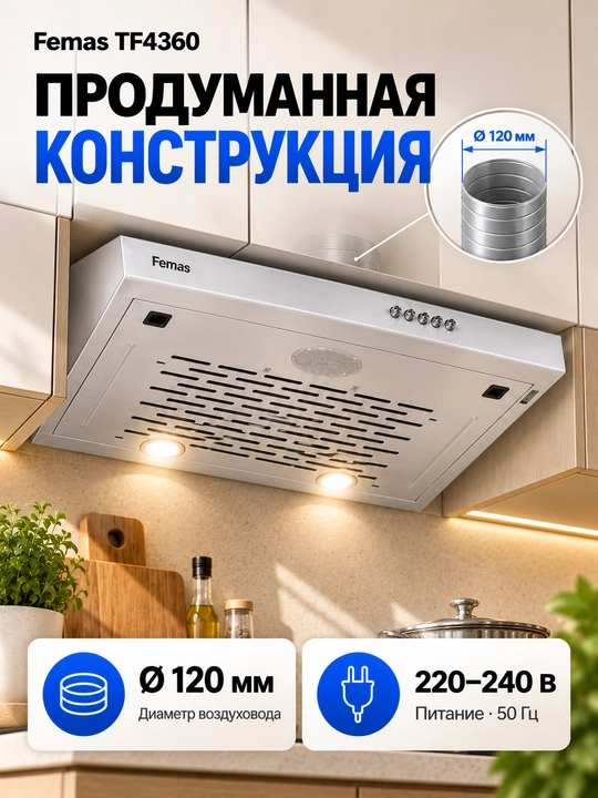 Oshxona uchun dudburon Femas TF4360, LED yoritish, 120 mm