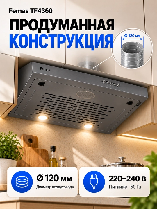 Oshxona uchun dudburon Femas TF4360, LED yoritish, 120 mm