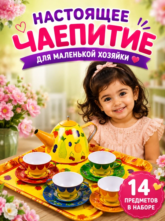 Набор детской металлической посуды с подносом, игрушечная посуда