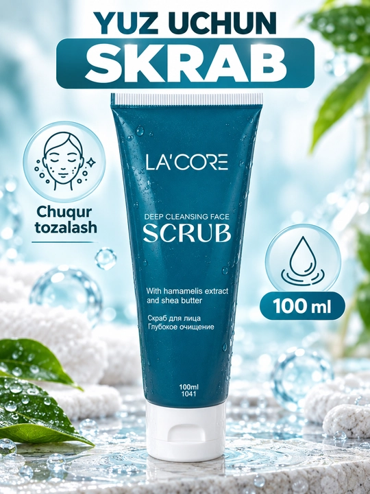 Yuz uchun skrab, chuqur tozalovchi, gamamelis ekstrakti va shi yog‘i bilan, 100 ml - 