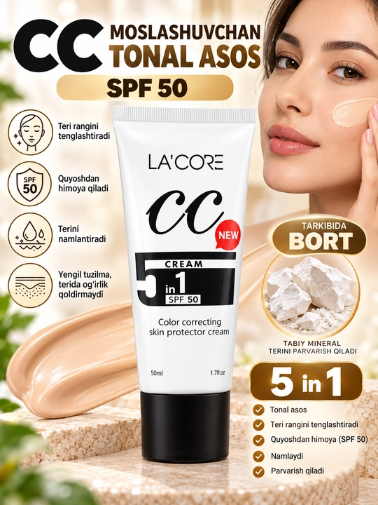 CC крем для лица 5 в 1, тональная основа SPF 50, увлажняющий, выравнивающий тон, 50 мл - 