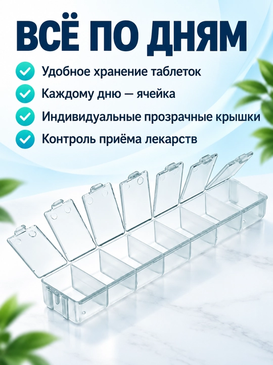 7 kunlik tabletka qutisi, dori va vitaminlar uchun shaffof organayzer, 7 bo'limli
