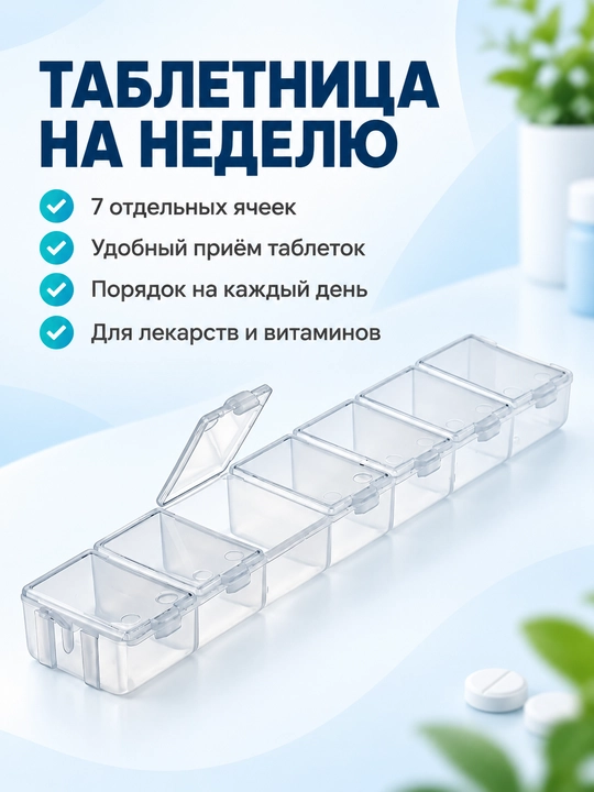 7 kunlik tabletka qutisi, dori va vitaminlar uchun shaffof organayzer, 7 bo'limli