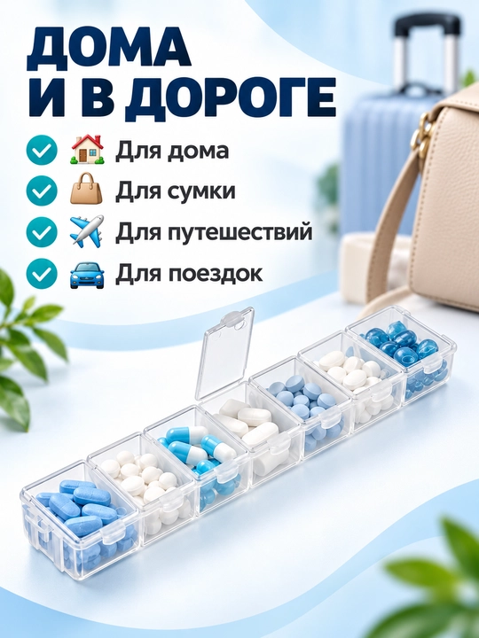 7 kunlik tabletka qutisi, dori va vitaminlar uchun shaffof organayzer, 7 bo'limli