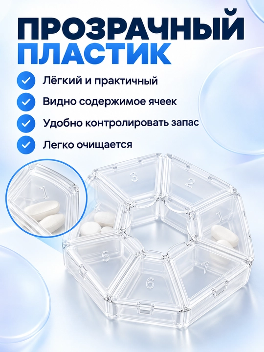 7 kunlik tabletka qutisi, dori va vitaminlar uchun shaffof organayzer, 7 bo'limli