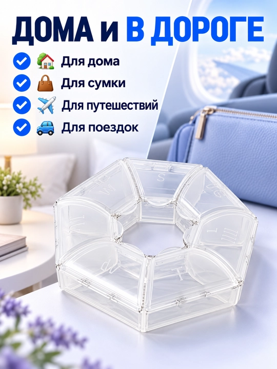 7 kunlik tabletka qutisi, dori va vitaminlar uchun shaffof organayzer, 7 bo'limli