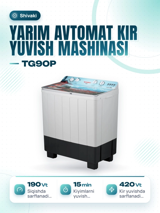 Yarim avtomatik kir yuvish mashinasi Shivaki TG90P Nature 01, 9 kg - 
