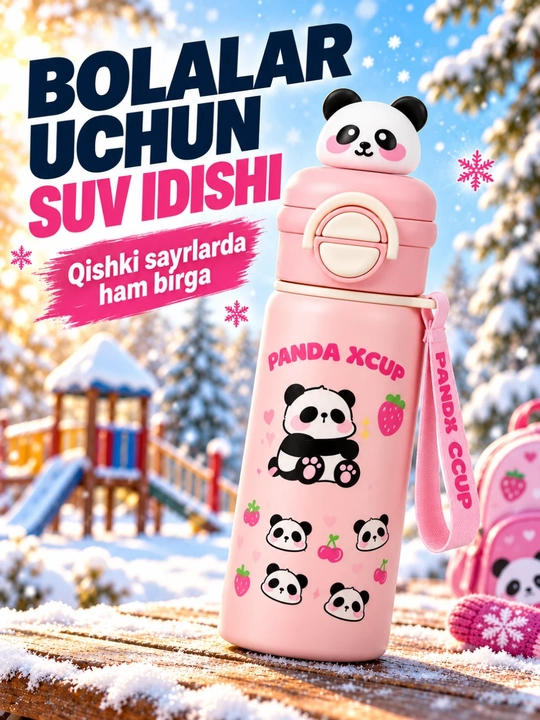 Bolalar termosi, panda dizaynli, trubochkali va qo‘l tasmasi bilan - 